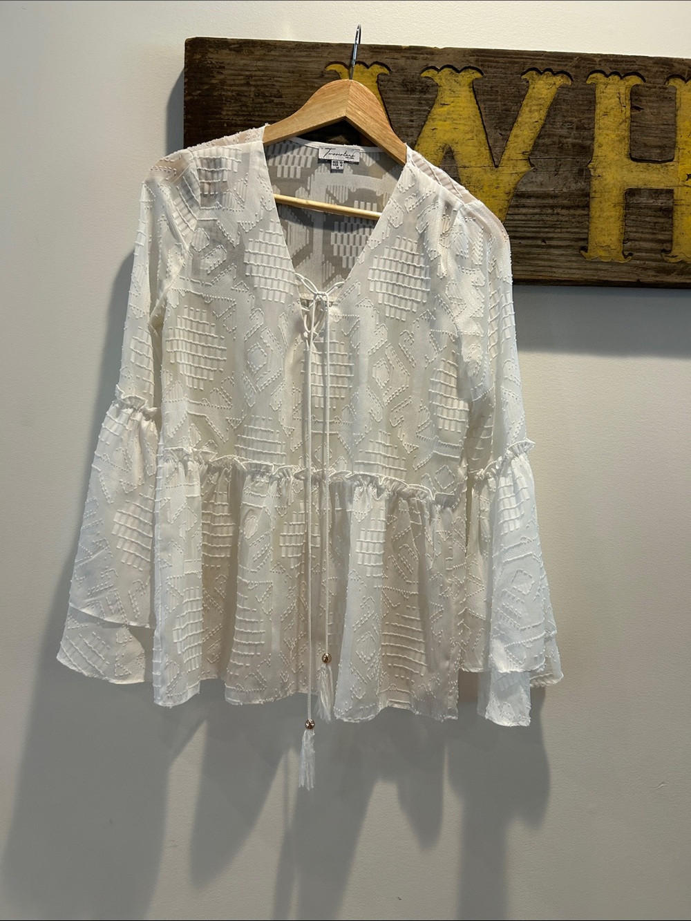 White Lace Peasant Tunic with Tassel Tie